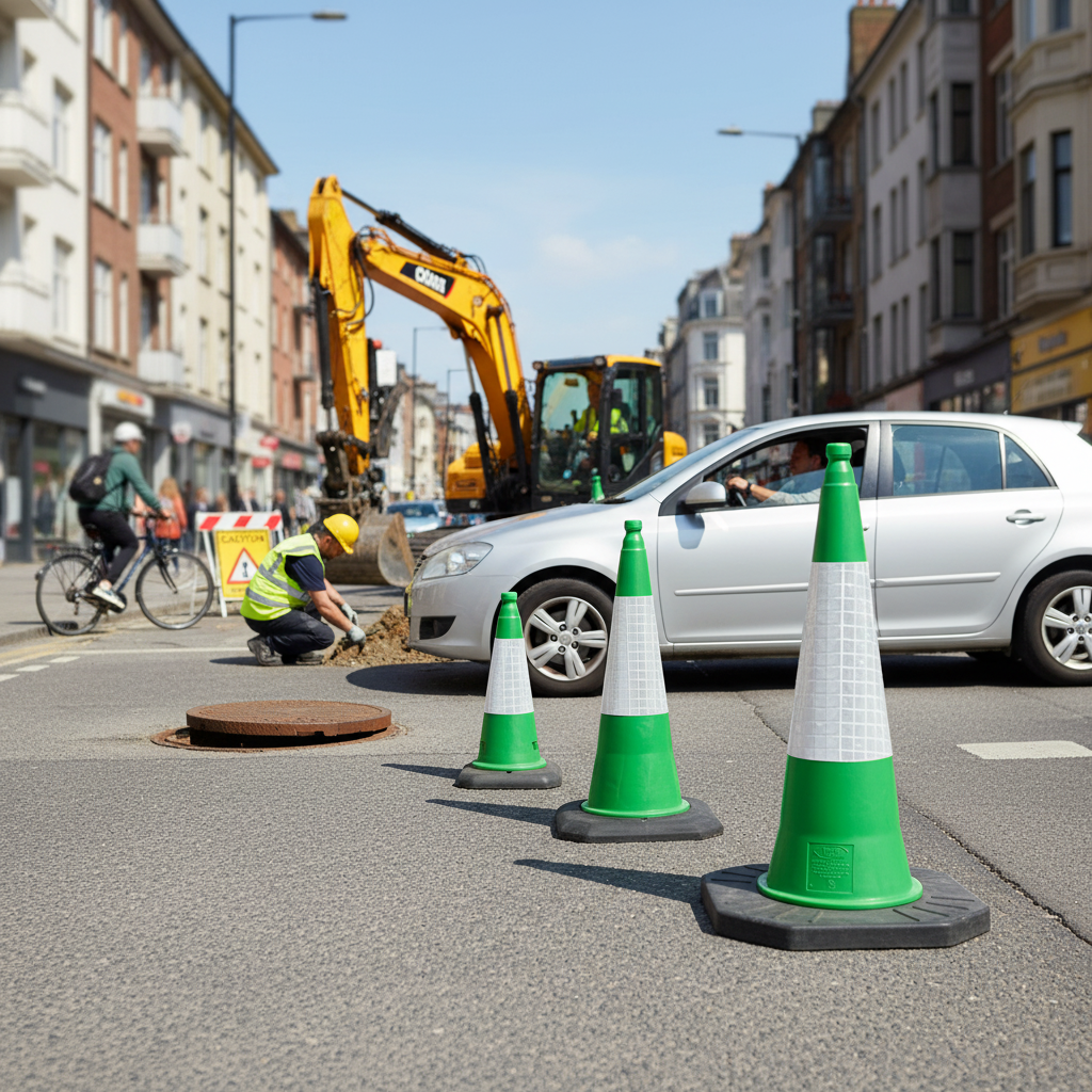 Premium Green Traffic Cones 500mm, 750mm, and 1000mm - High Visibility for Road Works - Detail View | Barriers Co