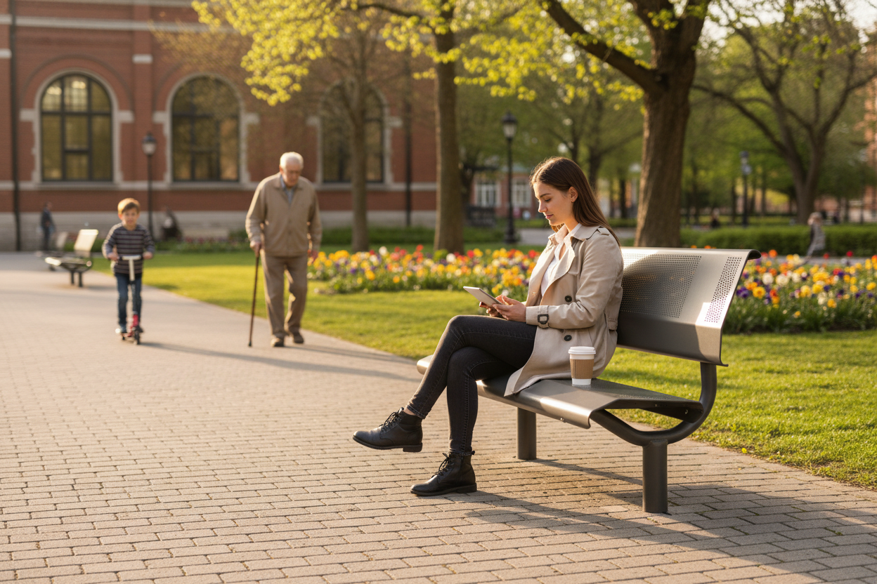 Heavy Duty Full-Metal Oslo Bench with Perforated Steel Design for Public Spaces - High-Quality... - side view | Barriers Co