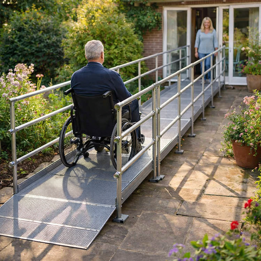 Modular Wheelchair Ramp Kit – 1080mm x 9000mm – Double Handrails – All Weather