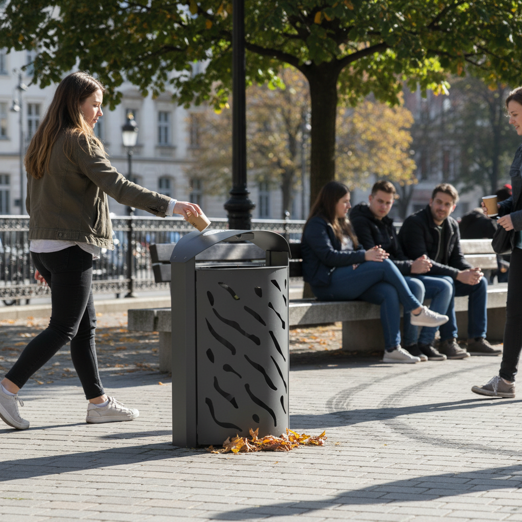 Premium Oval Litter Bin with 120L Capacity - Front Opening Design for Outdoor Use - side view | Barriers Co