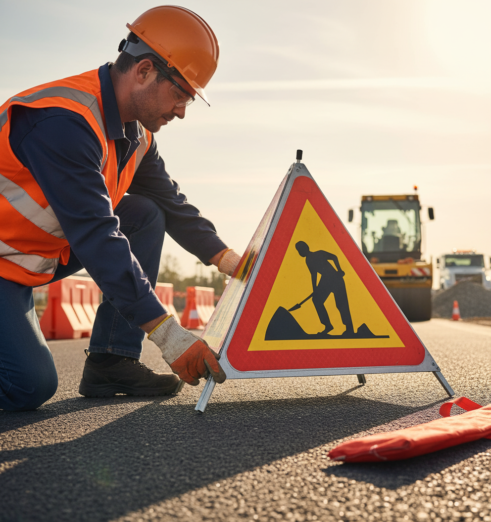 Premium Folding Construction Sign with Symbol for Road Work, 900mm Size, Includes Carry Case