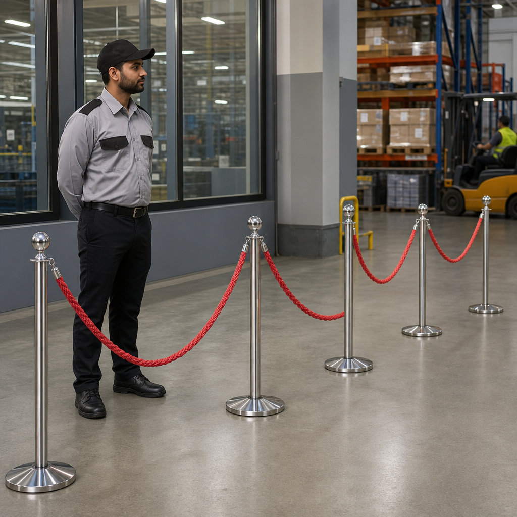 Silver Rope Barrier Set with Red Ropes for Event Management (Pack of 6)