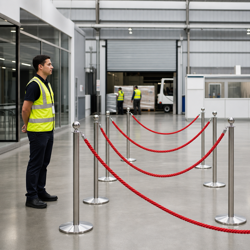 Silver Rope Barrier Set with Red Ropes for Event Management (Pack of 4)