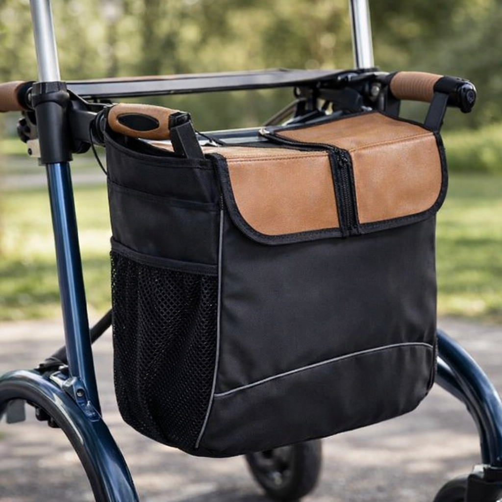 Rollator Bag – Black & Brown Leather – 5kg Capacity – Mobility Aid