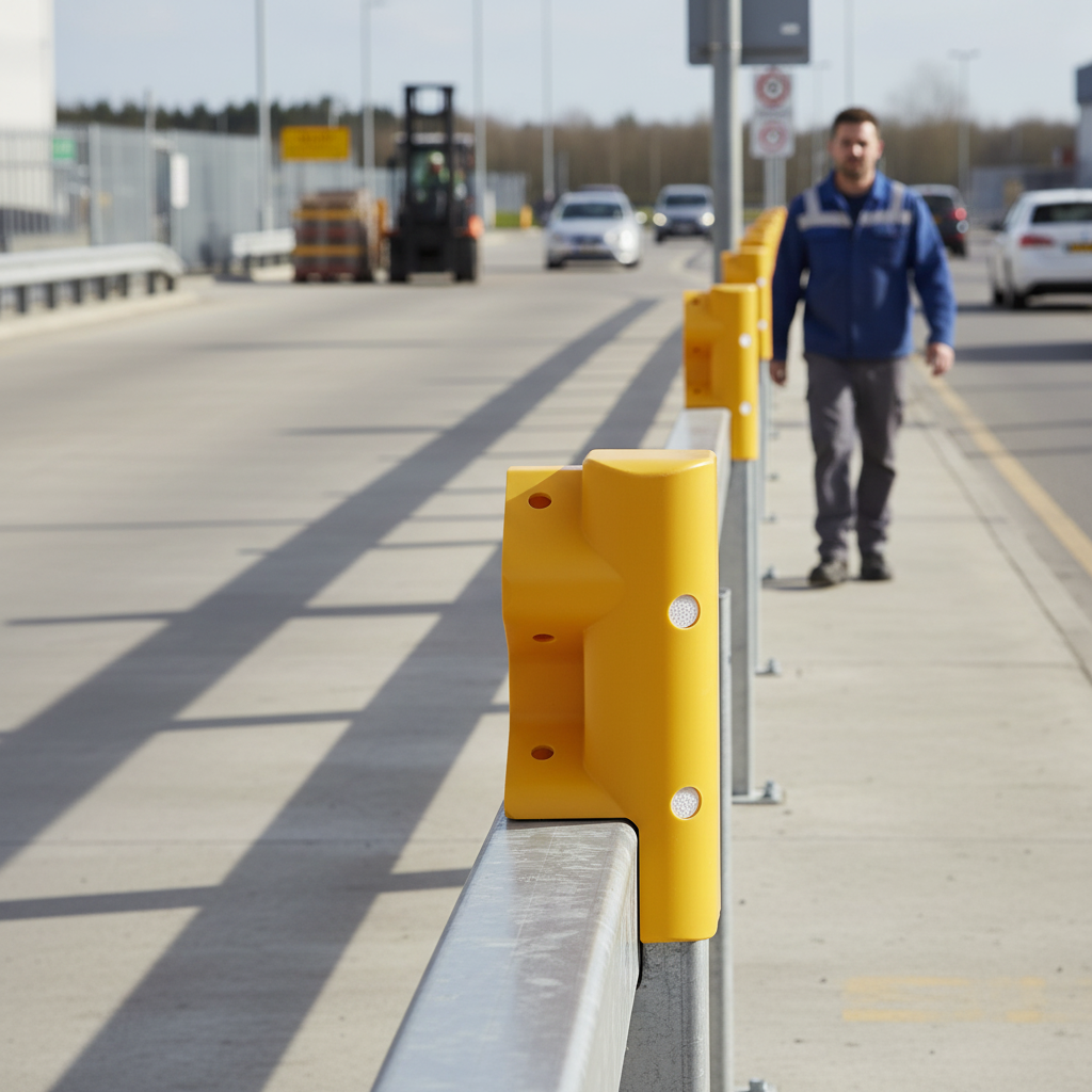 Premium Yellow Plastic Pedestrian Scroll End Cap with Reflectors for Safety and Visibility - side view | Barriers Co