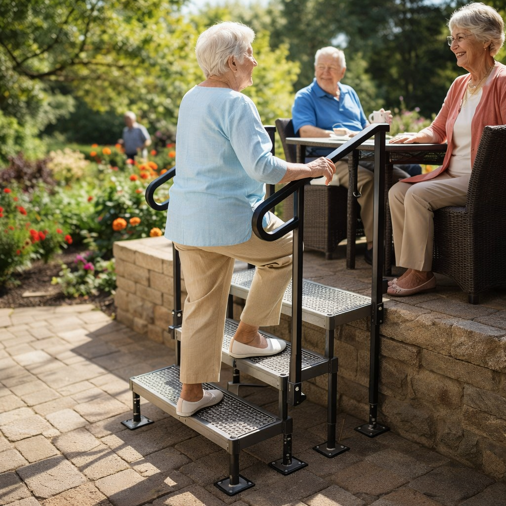 Adjustable Steel 3 Step with Handrails – 465mm-525mm – Industrial – Indoor/Outdoor Use