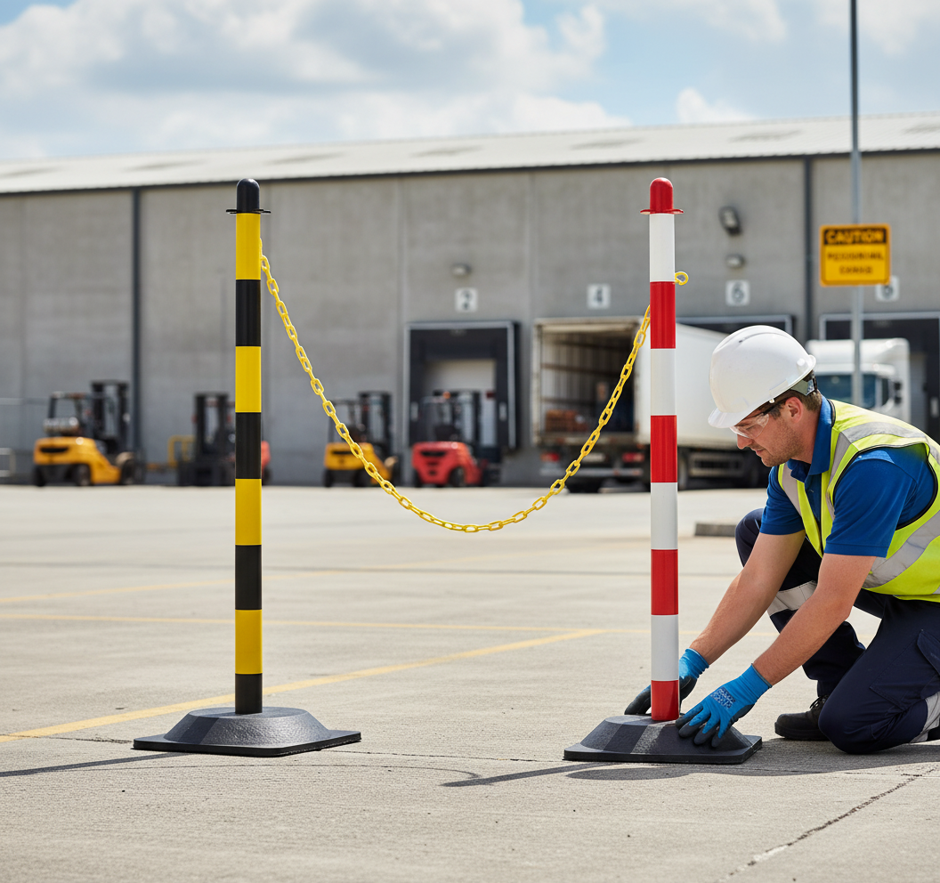 Heavy Duty Plastic Safety Barrier Post with Rubber Base, 90cm High for Indoor and Outdoor Use