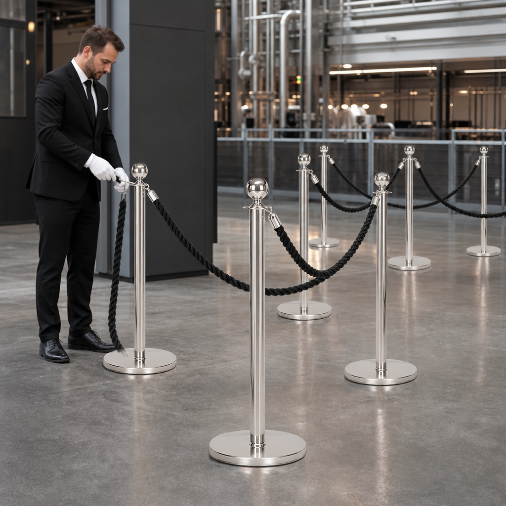 Silver Rope Barrier Set with Black Ropes for Event Management (Pack of 6)
