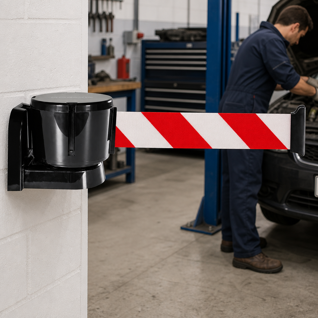 Wall Mounted Belt Barrier with ABS Plastic Housing for Workshops & Garages