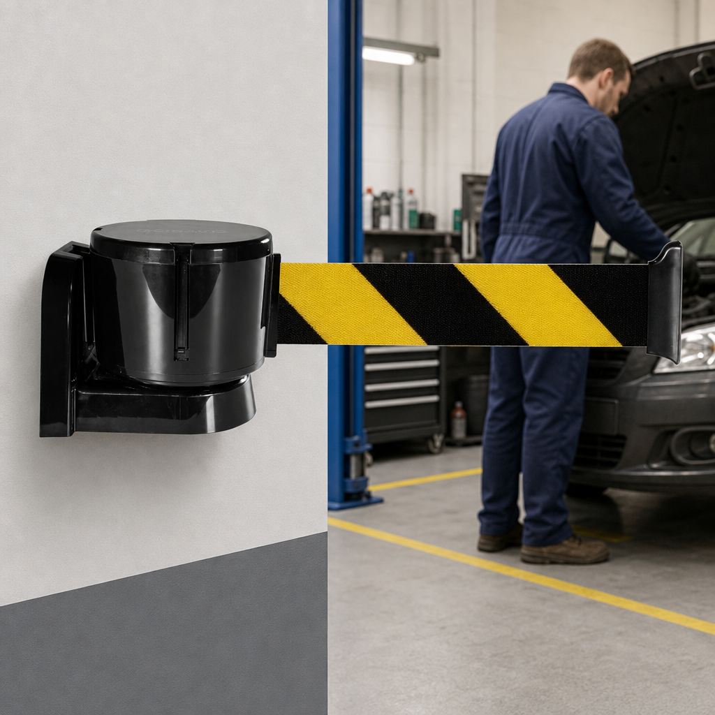 Wall Mounted Belt Barrier with ABS Plastic Housing for Workshops & Garages