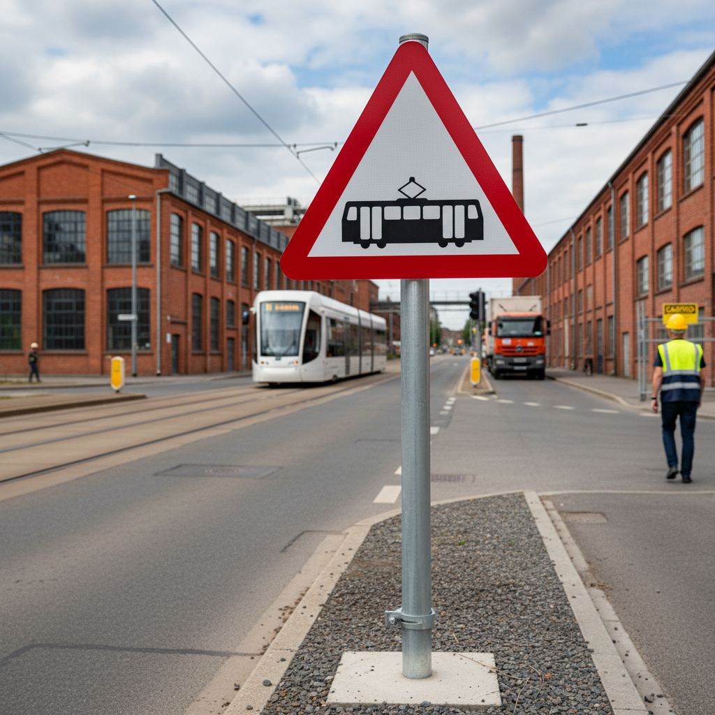 Professional Tram Crossing Ahead Sign - Durable Road Post Mounted Warning with Optional Distance Plate
