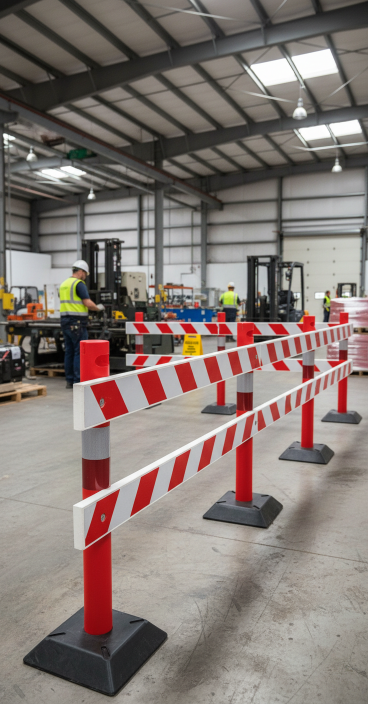 Premium Plastic Barrier Stanchion with 6 Holes for Cordoning Boards, UV-Resistant and Retroreflective Foil for Enhanced Visibility