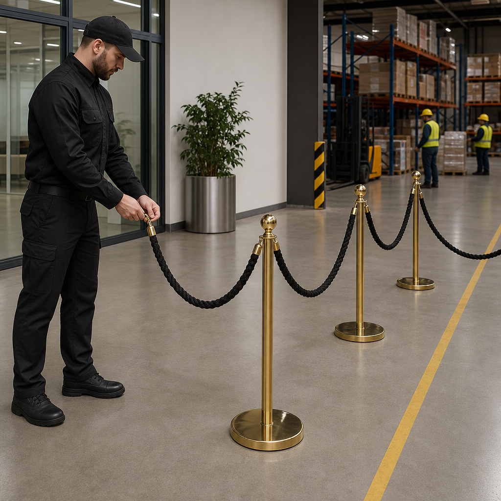 Brass Rope Barrier Set with Black Ropes for Event Management (Pack of 4)