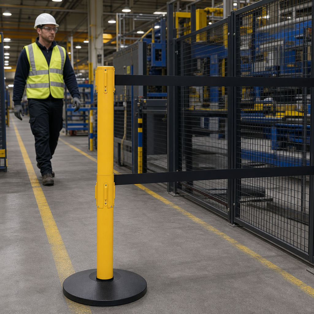 Heavy Duty Aluminium Twin Belt Barrier System 3.4m x 50mm for Factories & Workshops
