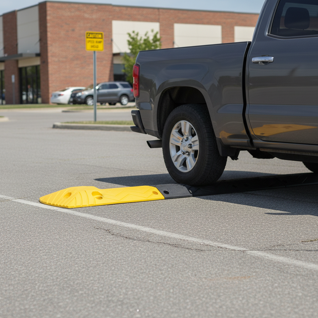 Professional Speed Bump End Section - Heavy Duty Yellow Ramp with Tyre Tread Pattern for Enhanced Traction