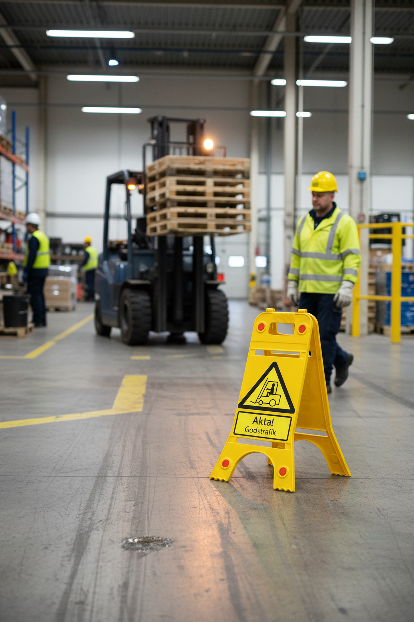 Premium Floor Standing Sign – Caution! Goods Traffic with High Visibility Reflectors
