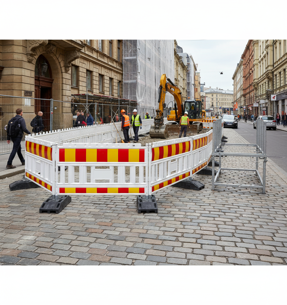 Premium Complete Panel Fence Set with Reflective Foil, Foot Plates, and Transport Rack for Site Safety and Crowd Control
