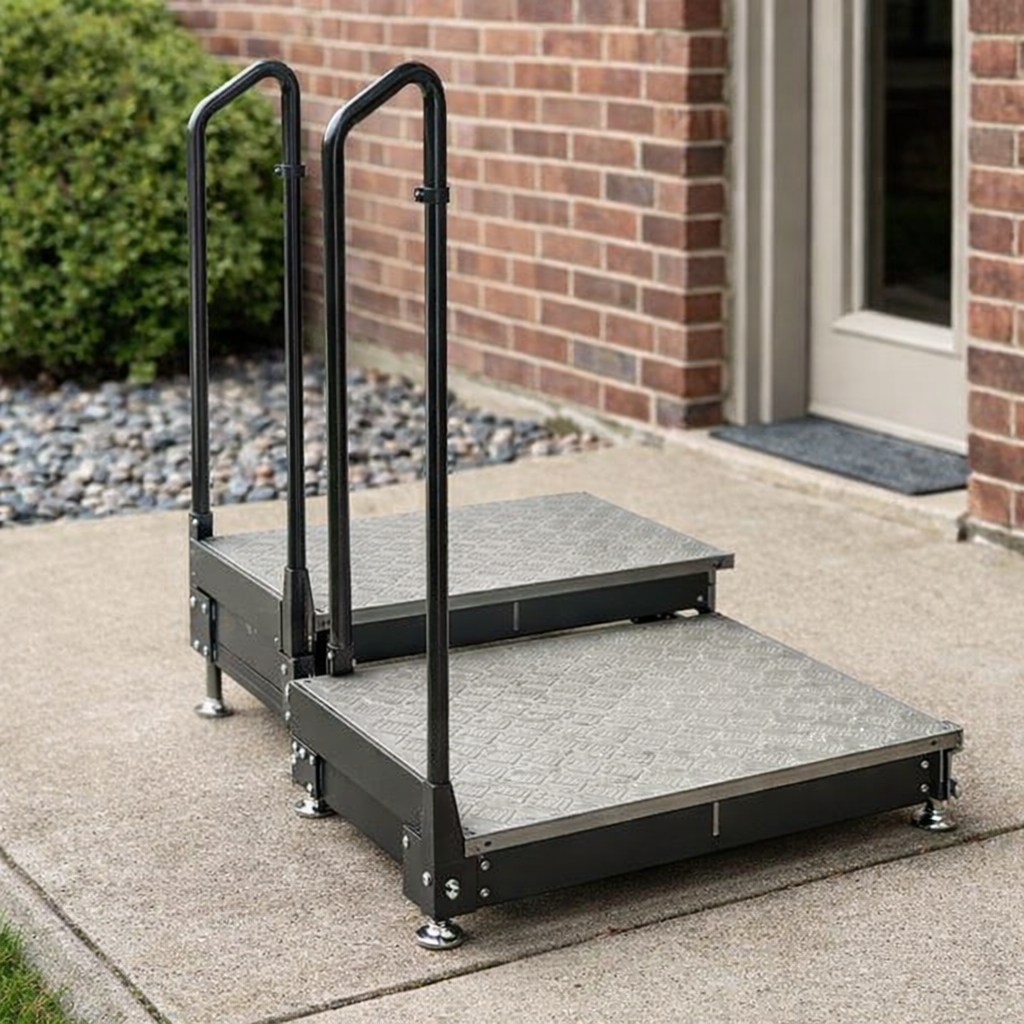 Adjustable Half Step with Handrail – Heavy Duty – Mobility Aid