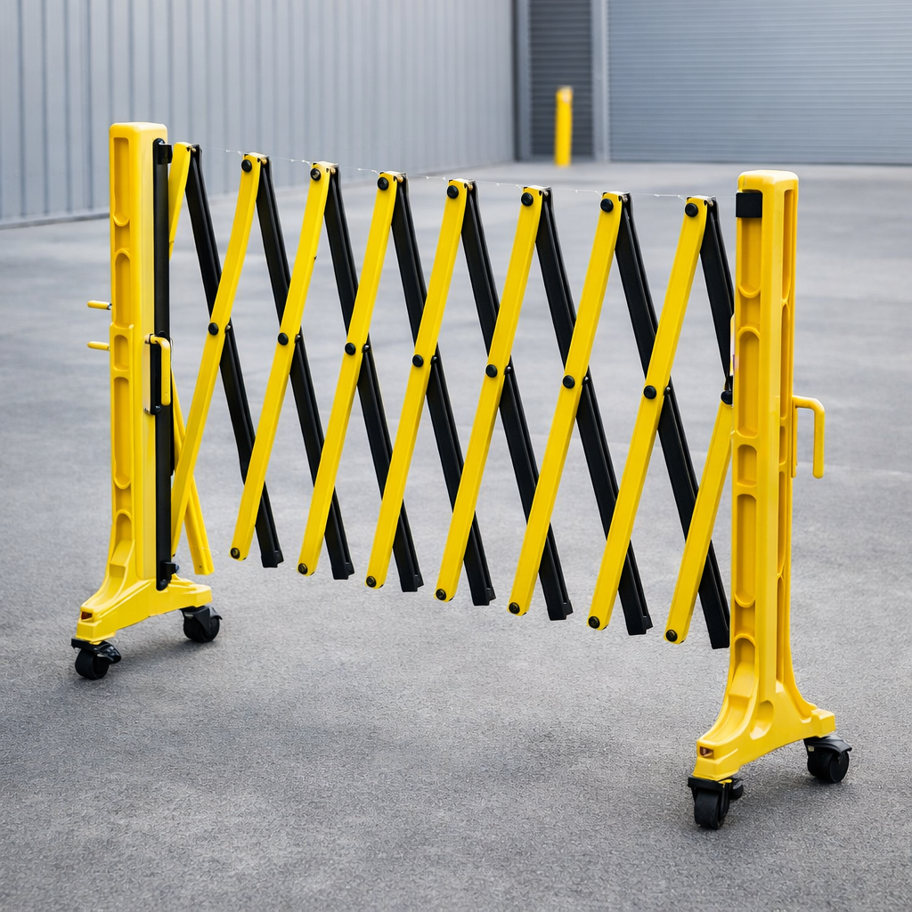 Expandable Barrier on Wheels – Black & Yellow – Plastic – Safety & Crowd Control