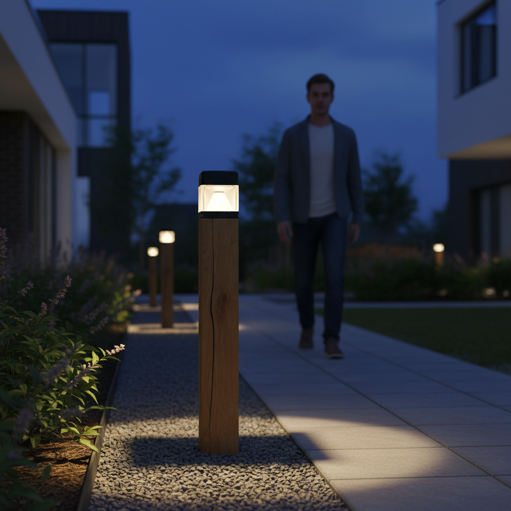 Premium Wooden Bollard Light with 360° Illumination, Waterproof Design, and Natural Timber Aesthetic for Outdoor Areas
