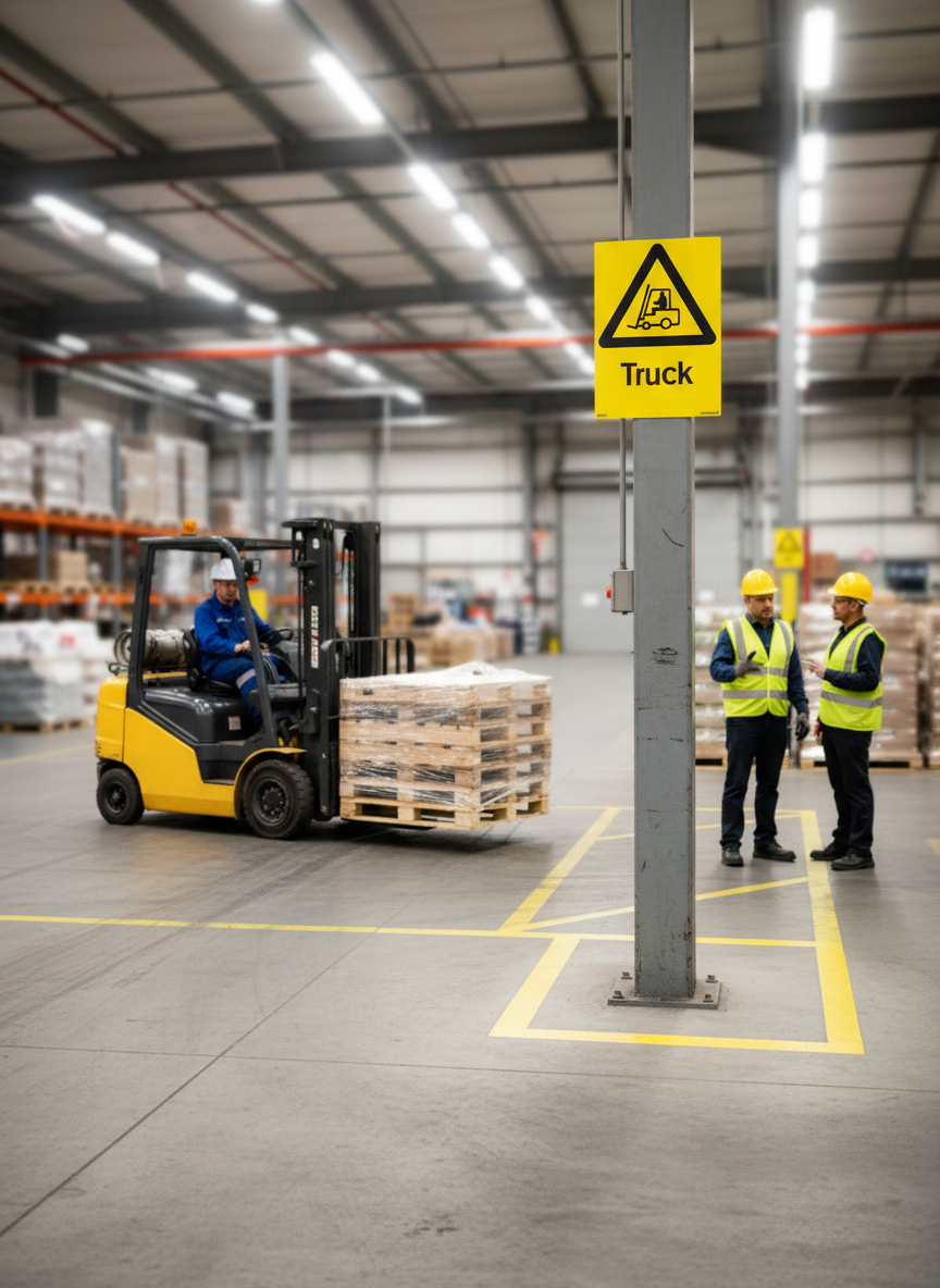 Premium Warning Sign for Forklift Safety - Durable Materials in Multiple Sizes for Clear Workplace Communication