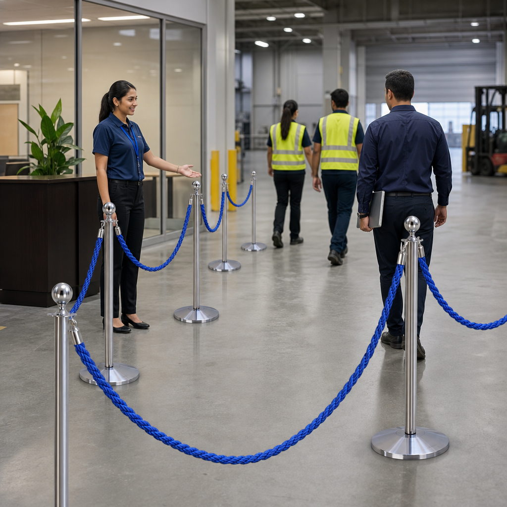 Silver Rope Barrier Set with Blue Ropes for Event Management (Pack of 8)