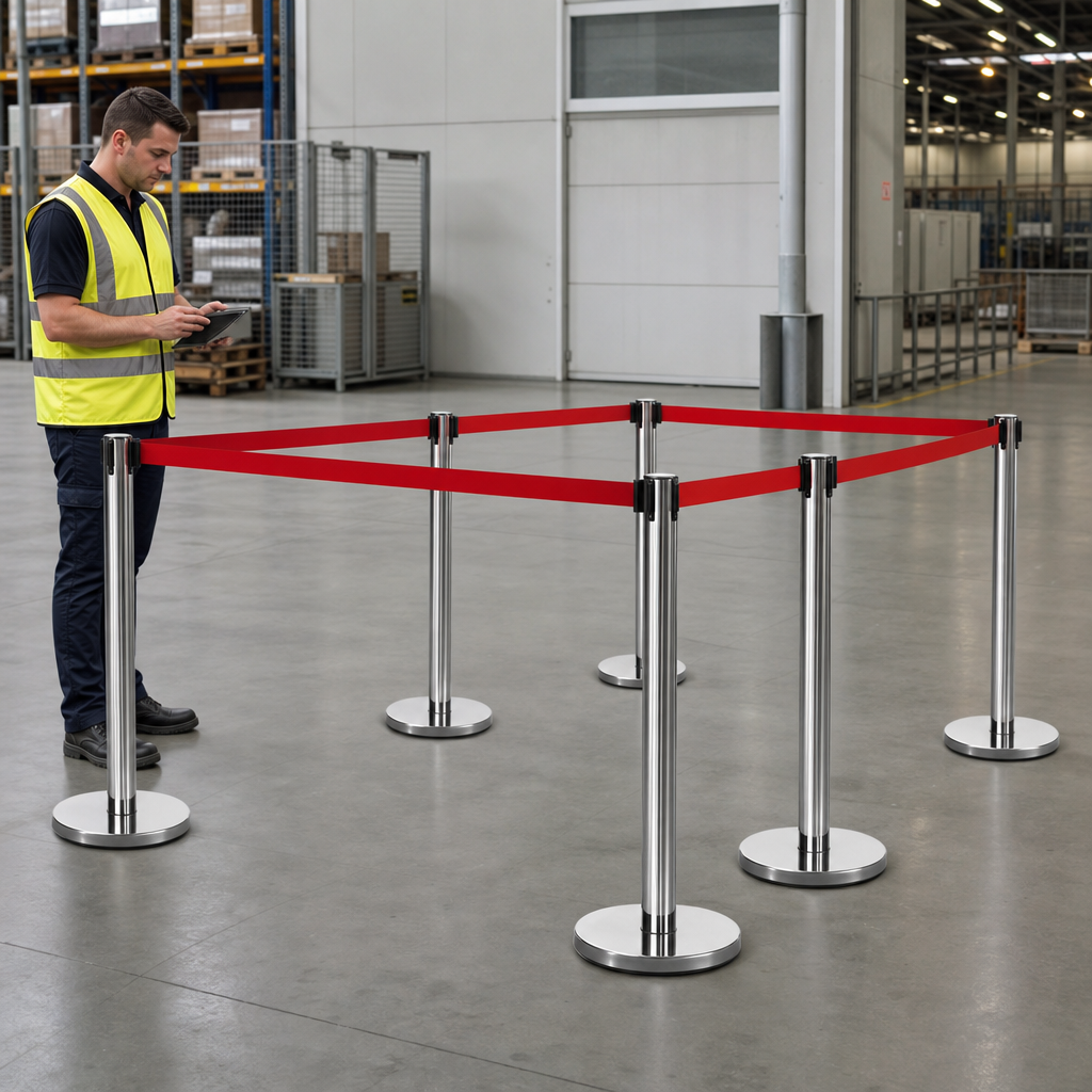Eco-Friendly Belt Stanchion with Red Retractable Belt for Event Management (Pack of 6)