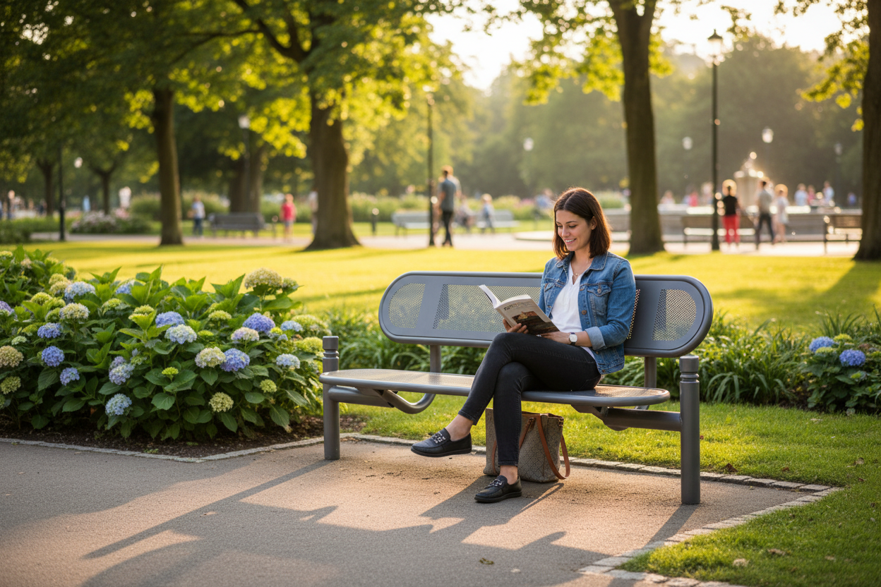 Premium 1.8m Outdoor Bench with Angled Back Support and Customizable Top Caps in Vibrant Colors - side view | Barriers Co