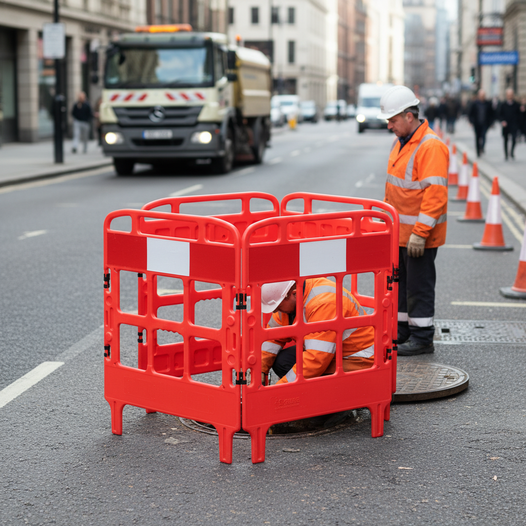 Premium Folding Manhole Barrier Made from Durable HDPE with Enhanced Reflectivity for Road... - side view | Barriers Co