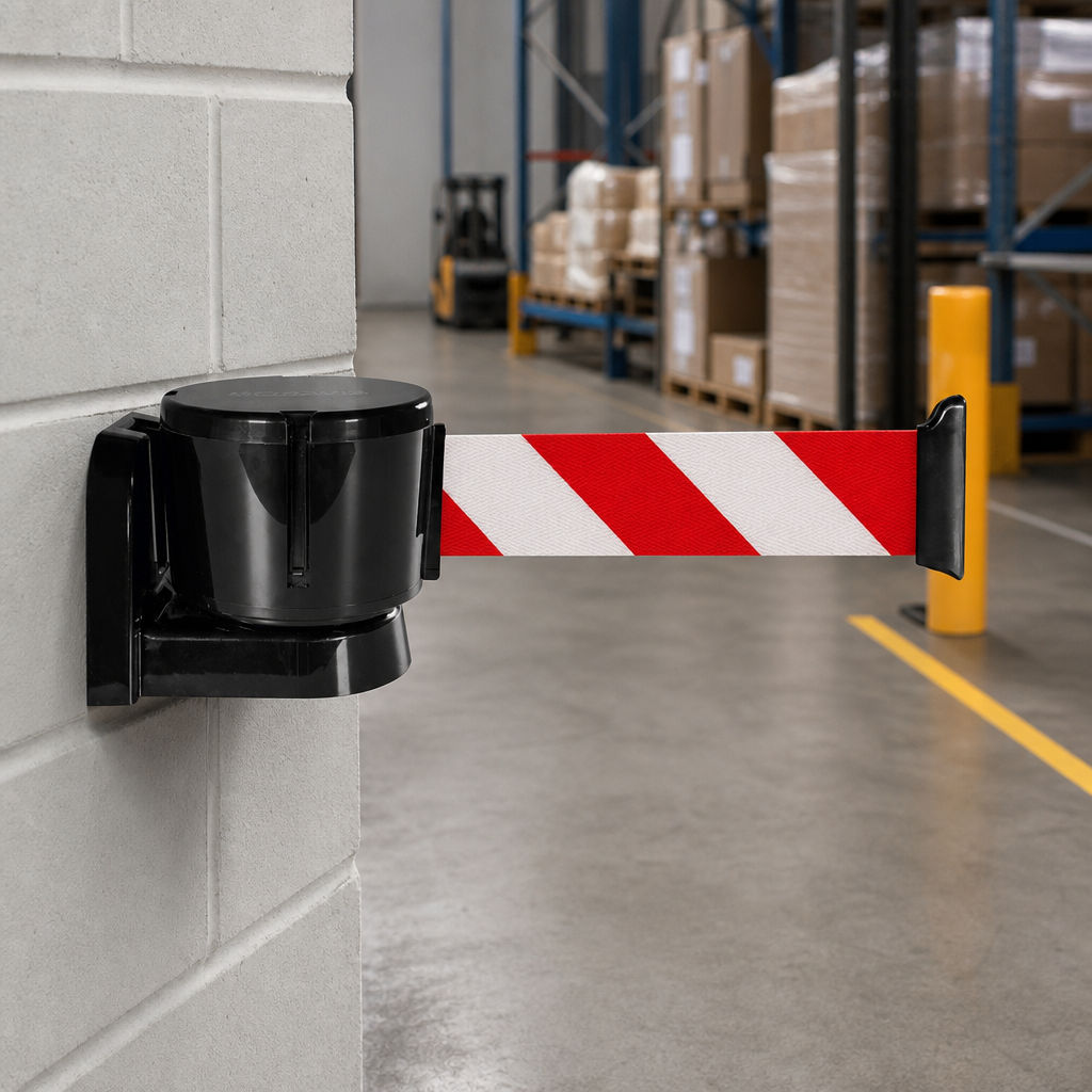 Magnetic Wall Mounted Belt Barrier 3m in Black ABS for Warehouses