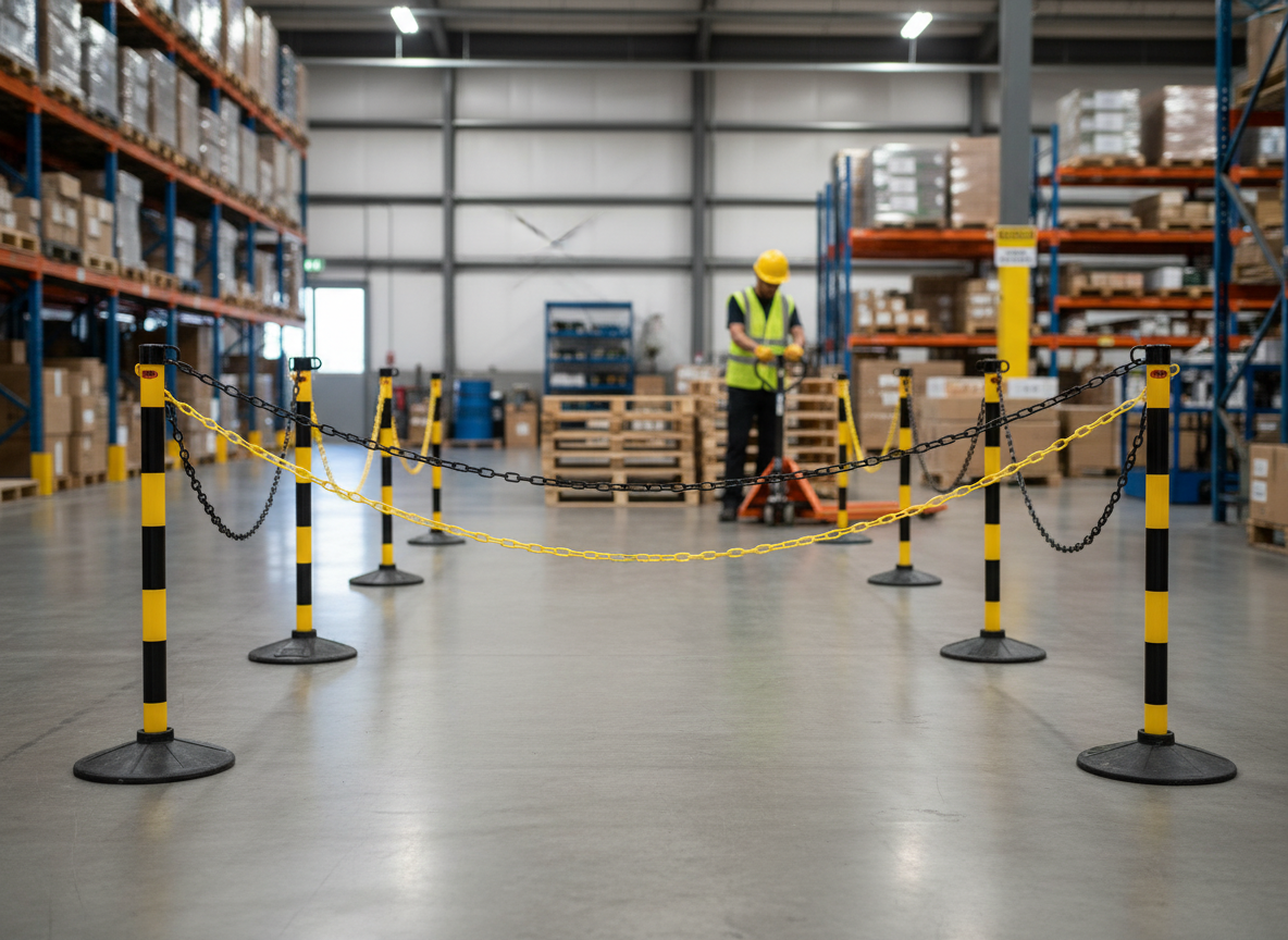 Premium Post and Chain Barrier Kit with 6 Plastic Stanchions and 25m Chain, Weather-Resistant and UV-Resistant Design