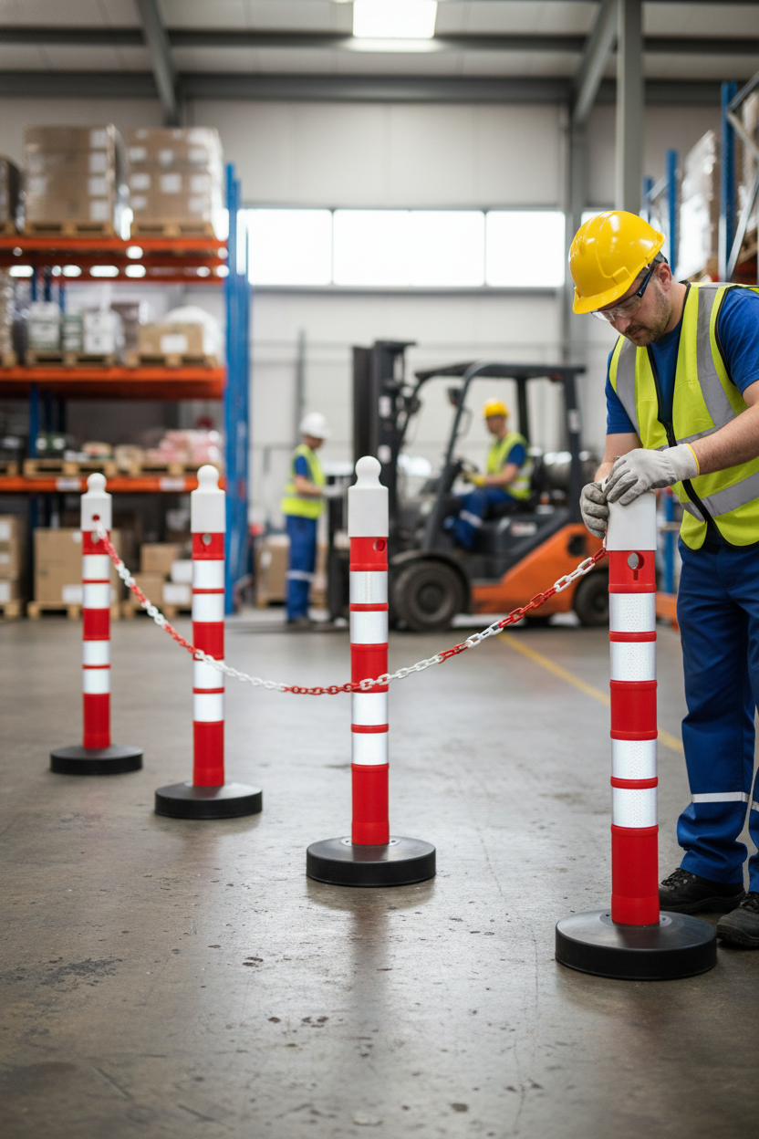 Professional Post and Chain Barrier Set with 25m Plastic Chain - Ideal for Demarcating Areas with Reflective Stripes for Enhanced Visibility