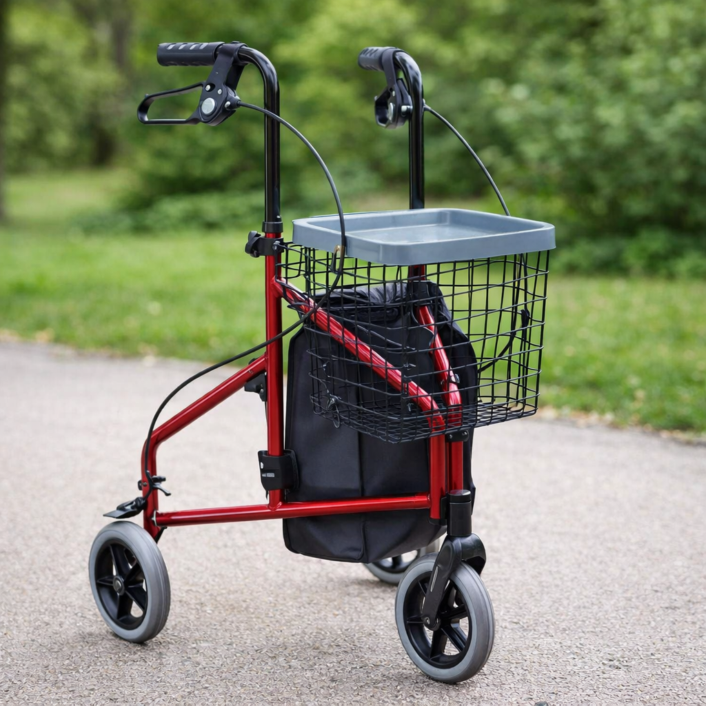 Aluminium 3 Wheel Rollator – Red – Mobility Aid with Bag & Tray