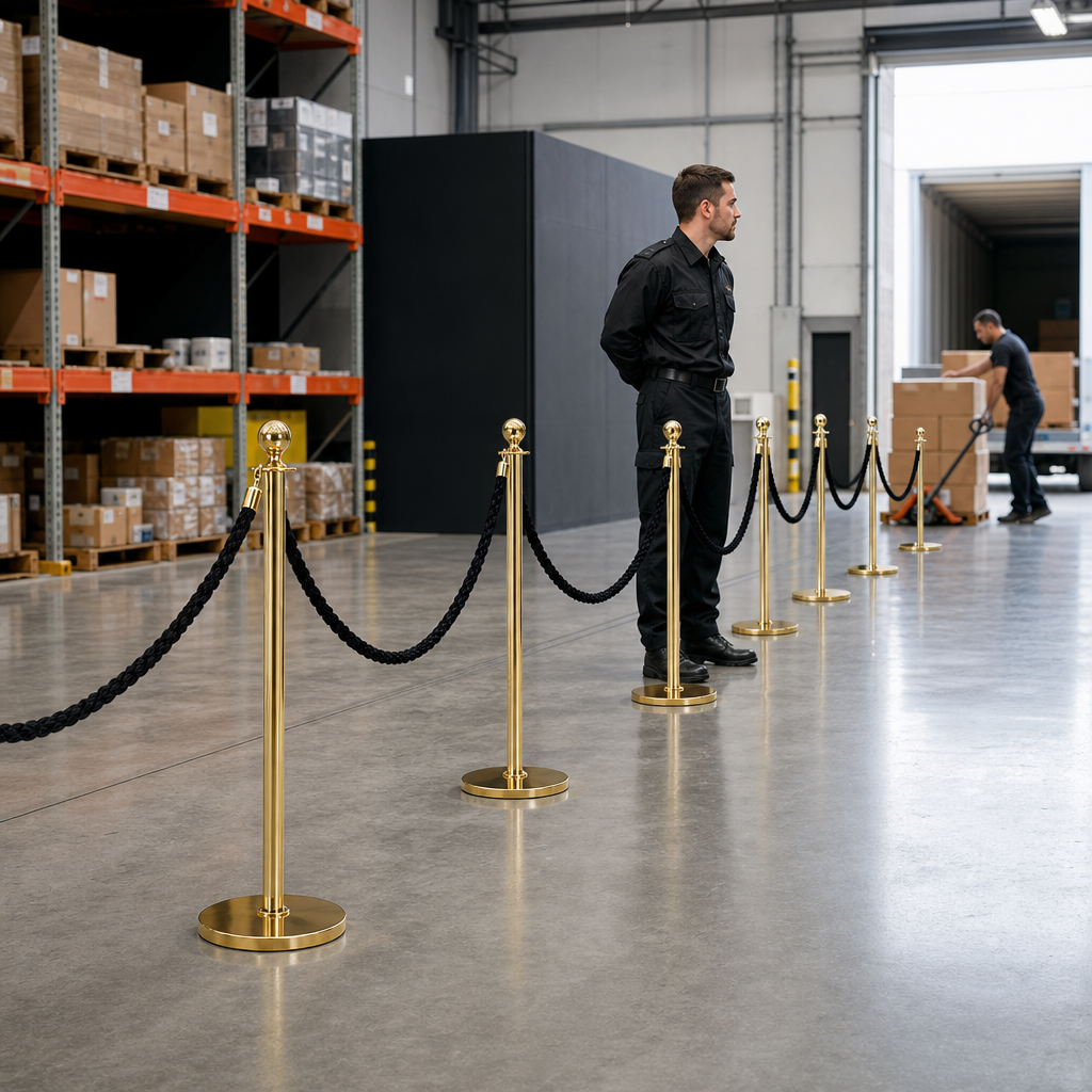 Brass Rope Barrier Set with Black Ropes for Event Management (Pack of 8)