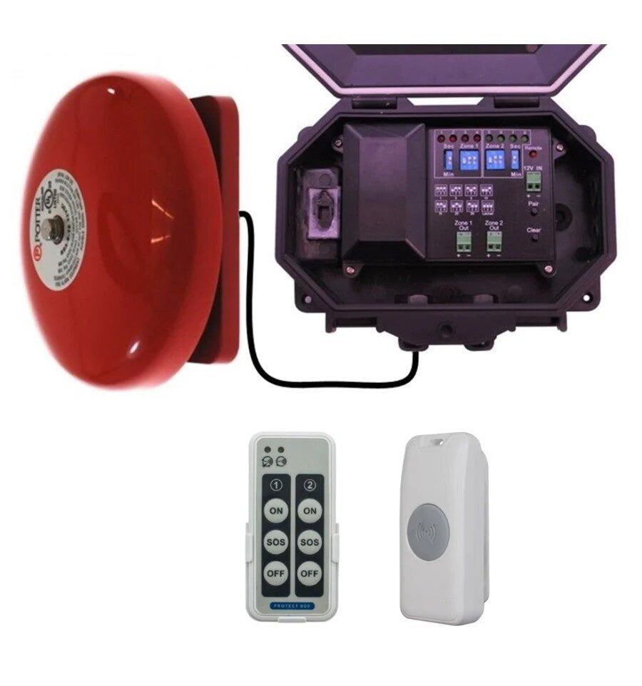 Wireless Commercial Bell System – 800 m Range Push-Button Kit with Loud 85 dB Alarm & Adjustable Duration (1 s → Latched)