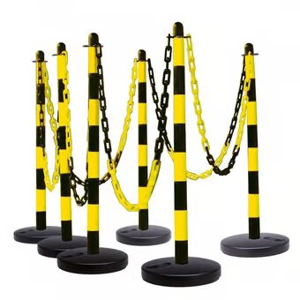 High-Visibility Yellow & Black Chain Barrier Kit – 6 Posts w/ Fillable Bases, 10 m Chain, Hooks & Links – Easy On/Off Deployment