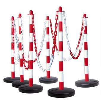 High-Visibility Red & White Chain Post Barrier Kit – 6 Posts, 10 m Heavy-Duty Chain, Hooks & Links with Fillable Round Bases