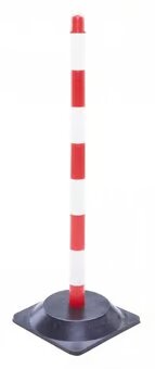 High-Visibility Red & White Chain Post with Heavy-Duty Recycled Rubber Base – Stable, Portable Safety & Queue Barrier