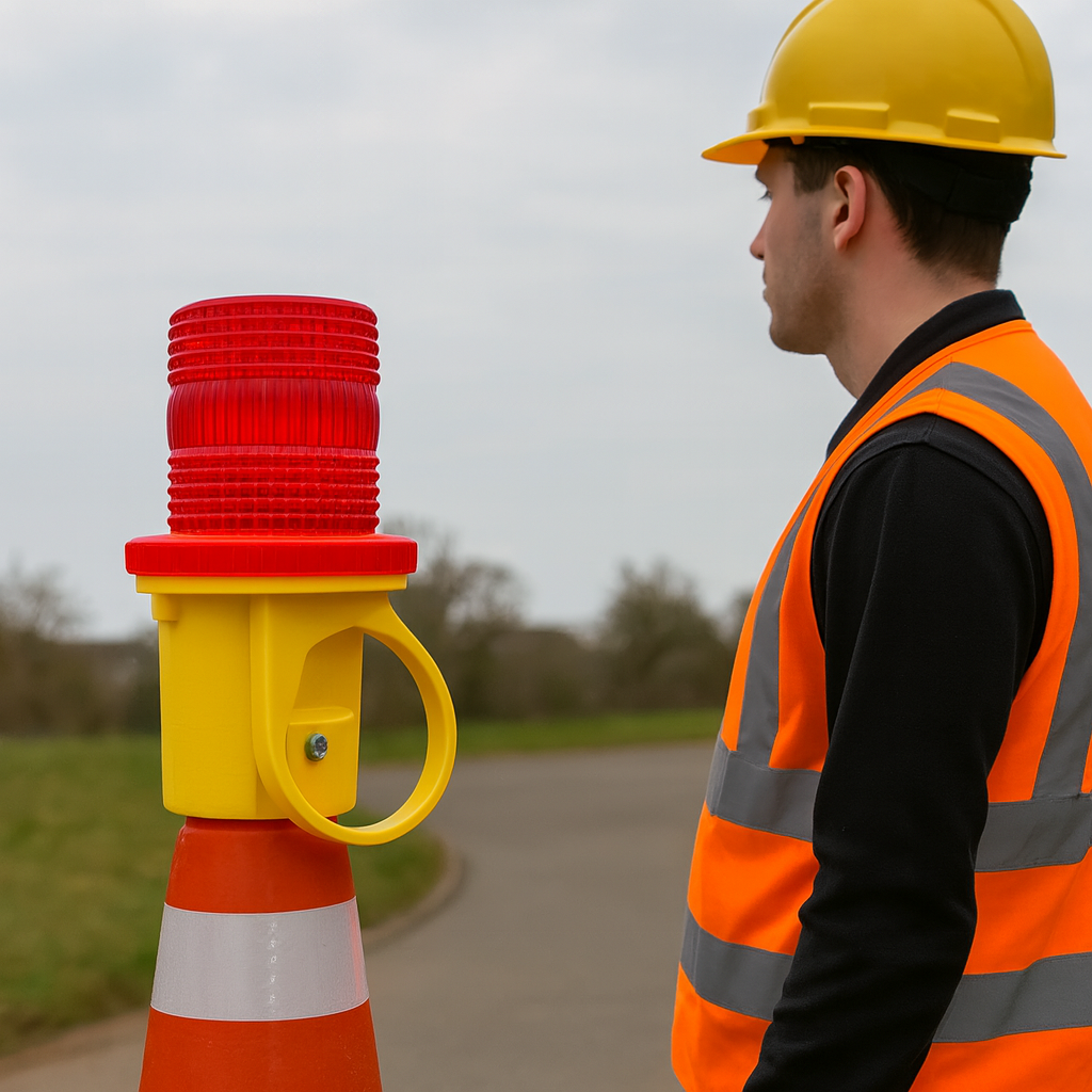 High-Visibility Red LED Traffic Warning Light with Photocell Sensor & Flashing Mode – Cone Mountable