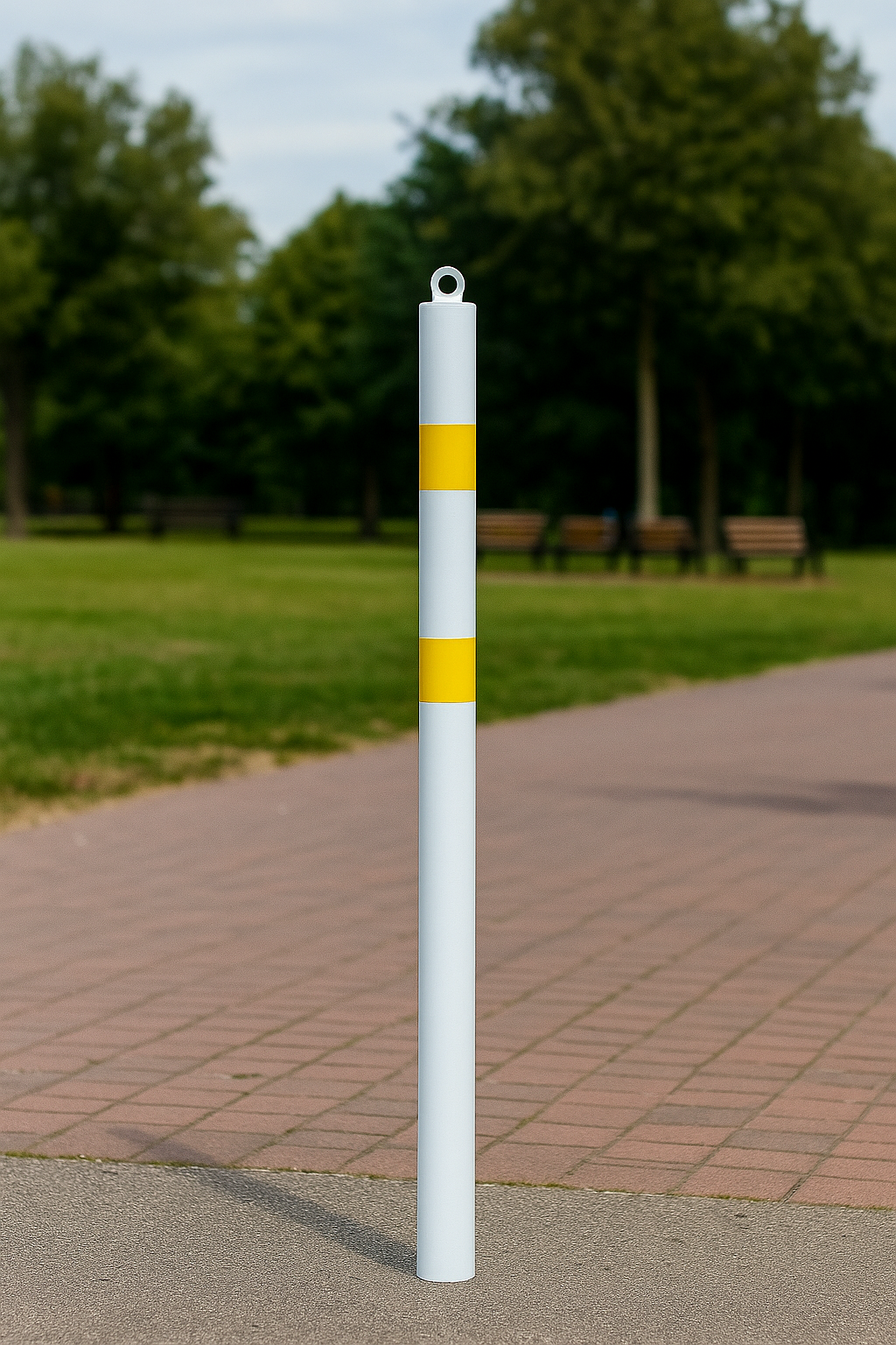 76mm White & Yellow Spigot Based Steel Bollard & Eyelet 2