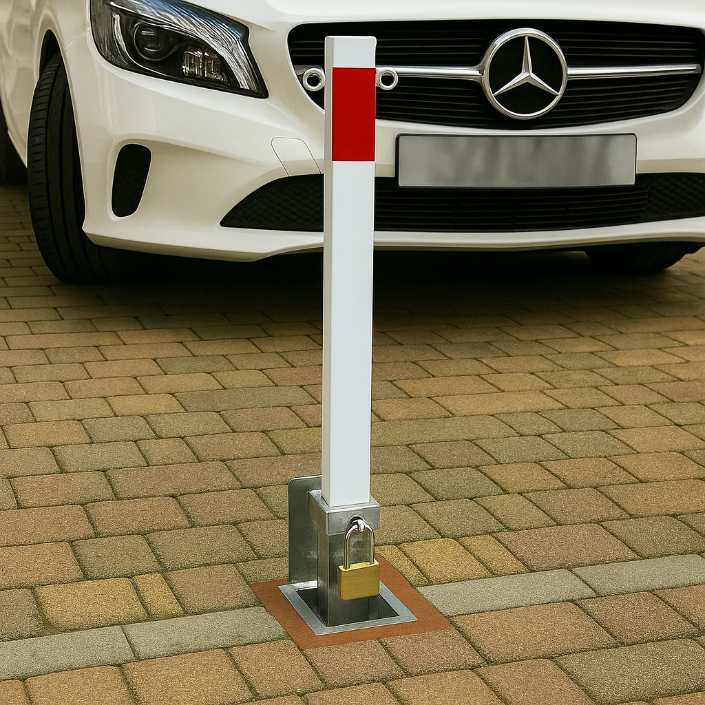 Heavy Duty White & Red Removable Security Bollard with Twin Chain Eyelets – Padlock & Ground Spigot Included