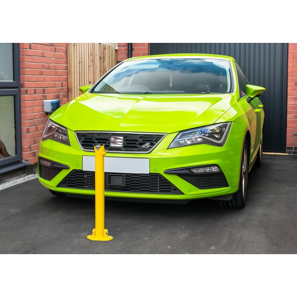 Bolt-Down Folding Parking Post – Durable Yellow Steel Security Barrier