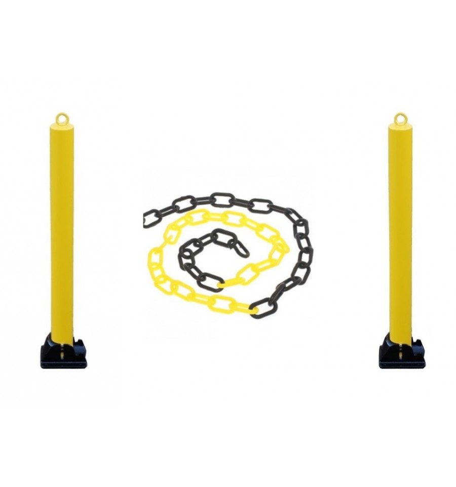 2 x 76mm Fold Down Yellow Parking Posts & Plastic Chain Kit