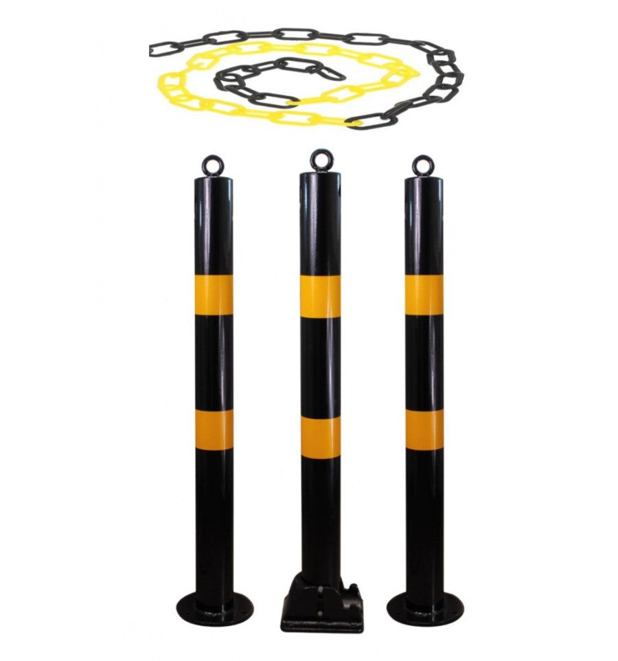 Black Black & Yellow Parking Post Chain Kit With 1 x Folding & 2 x Static Posts