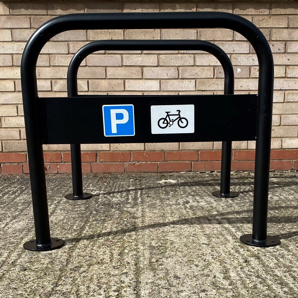 Hillform 48mm Steel Cycle Stand with Integrated Sign – Secure 2 Bikes – Galvanised, Flanged or Ragged Options