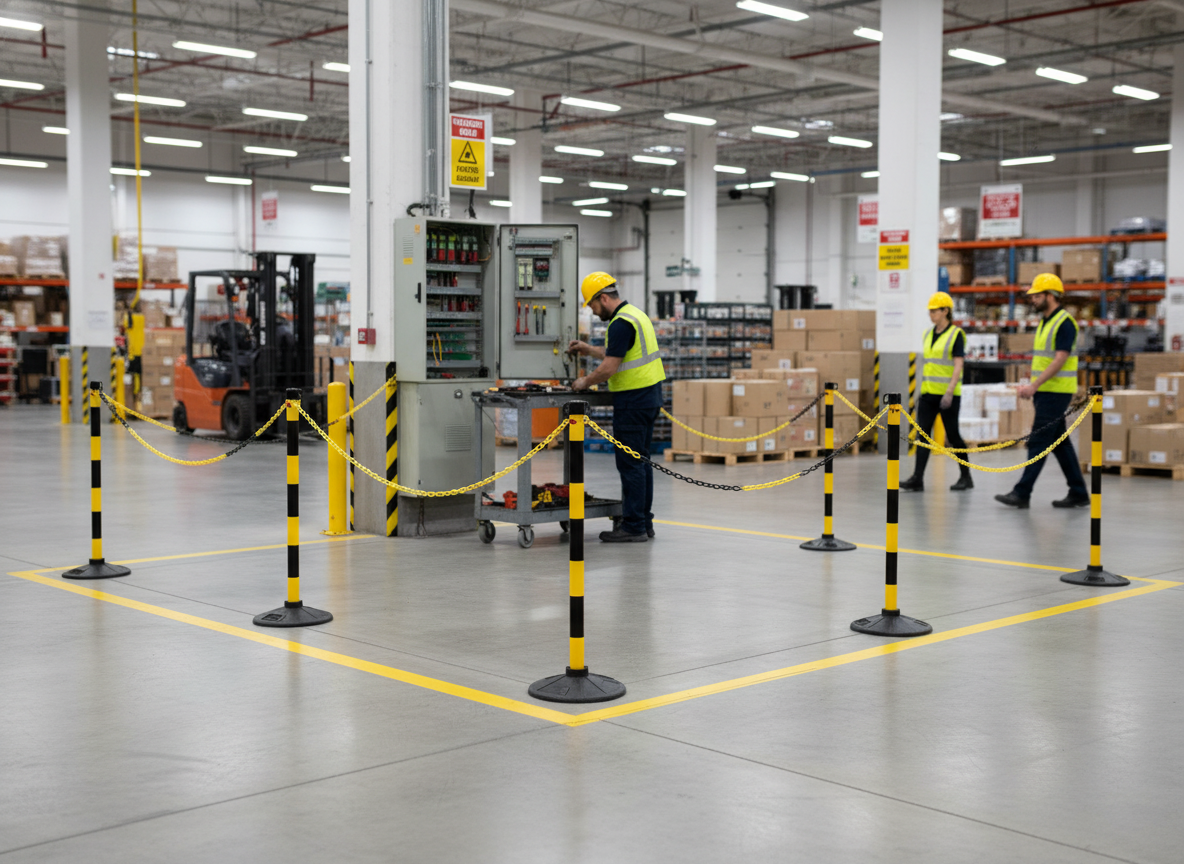 Premium Post and Chain Barrier Kit with 6 Plastic Stanchions and 25m Chain, Weather-Resistant and UV-Resistant Design