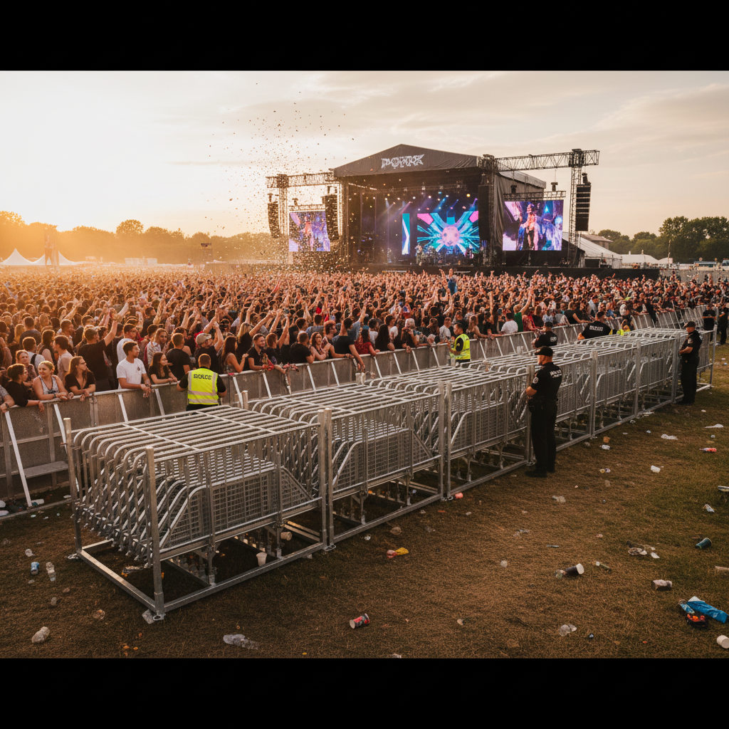 Professional Heavy Duty Crowd Control Barrier Package with Stacking Frame for Stage Events - 23m Length, Steel Construction