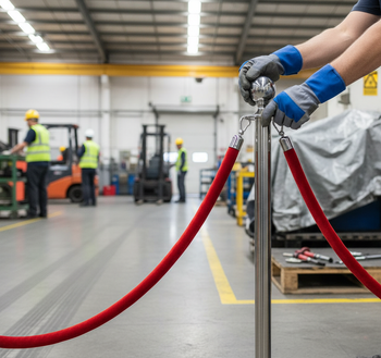 Premium Ball Top Post and Rope Barrier - Durable Galvanized Steel with Built-in Rubber Floor Protector and Stable Design