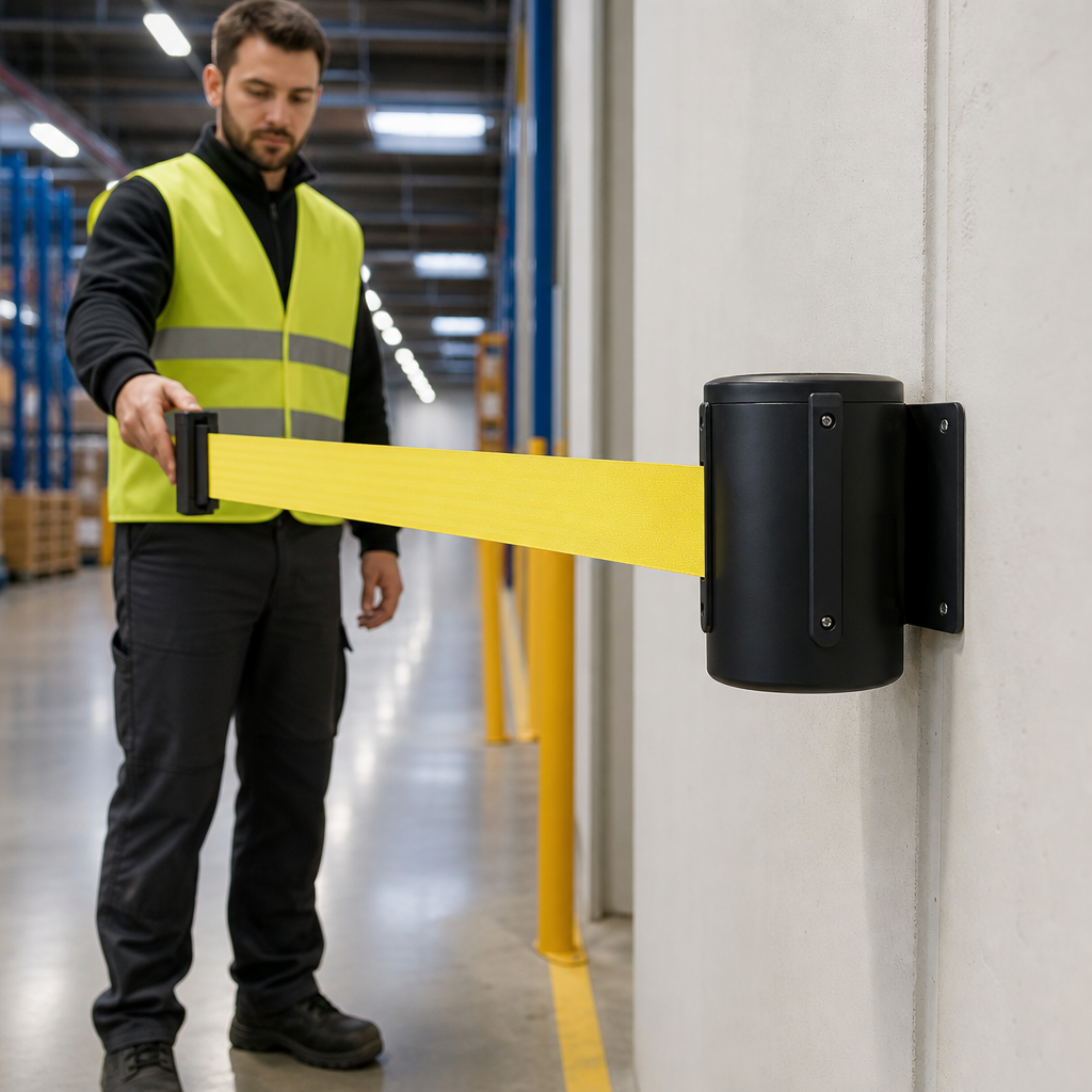 Wall-Mounted Retractable Belt Barrier System 6.1m - 10.6m for Large Spaces