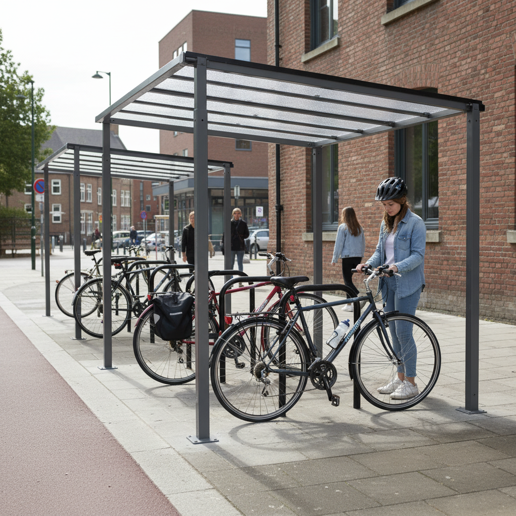 Premium Bike Shelter Extension Unit for Enhanced Cycle Storage with Adjustable Legs and Roof Panels - Detail View | Barriers 
